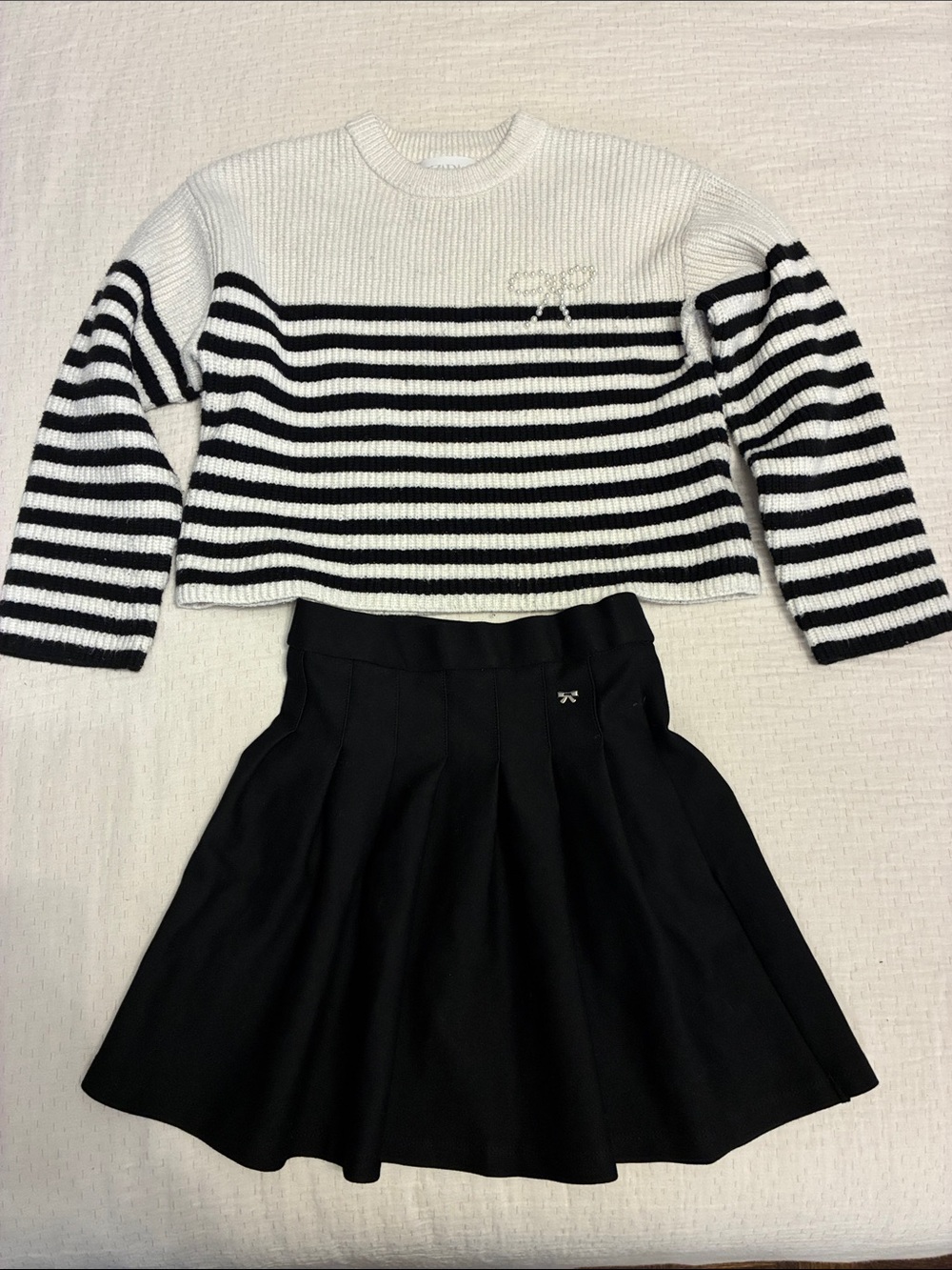 Zara Girls Black & White Striped Knit Sweater with Black Pleated Skirt
